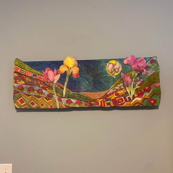 Patricia Wyatt 3D colorful fiber wall art canvas flower floral artwork 36” x 12”